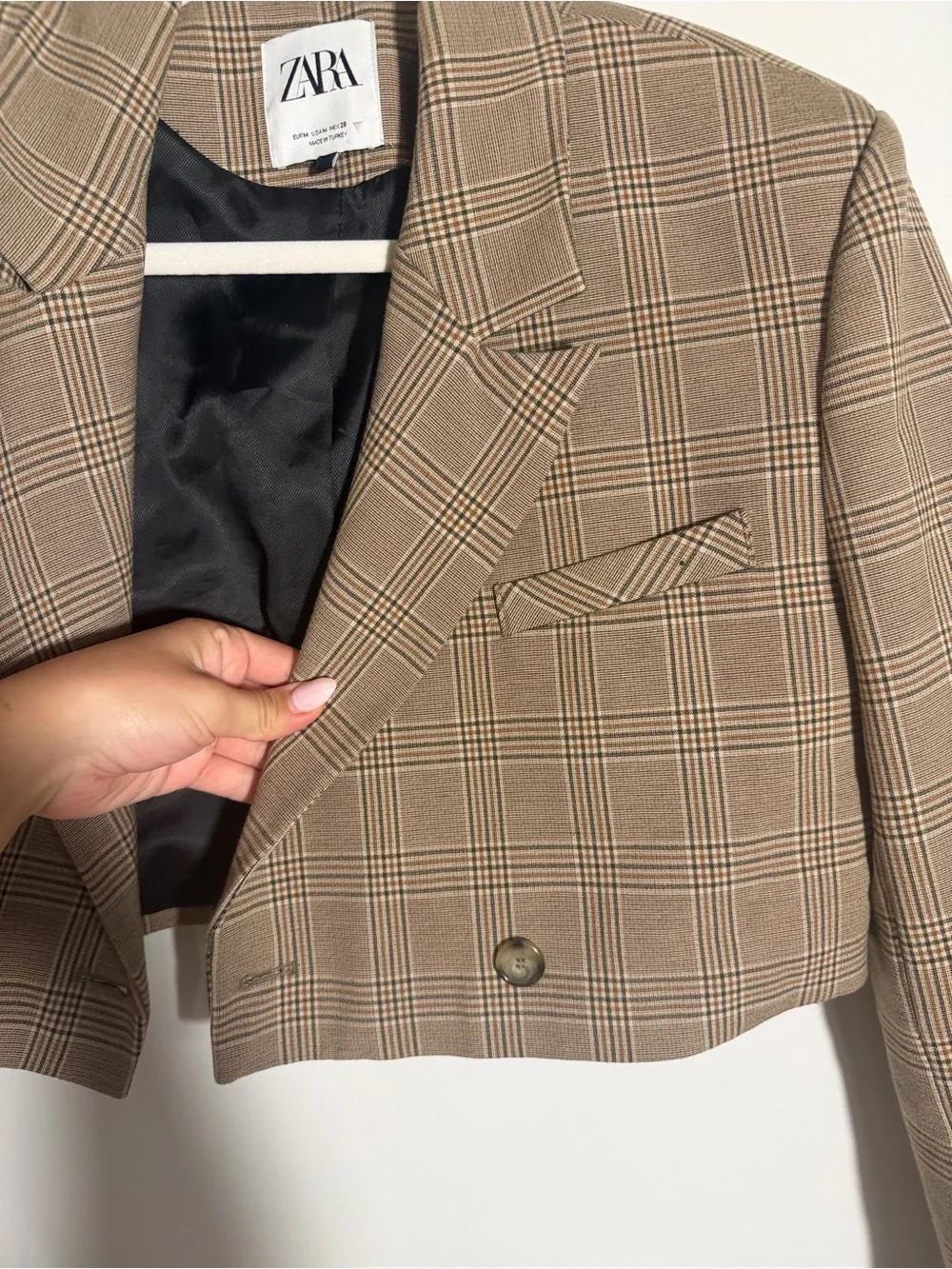 ZARA Cropped Plaid Blazer in Taupe‎ and Black Windowpane